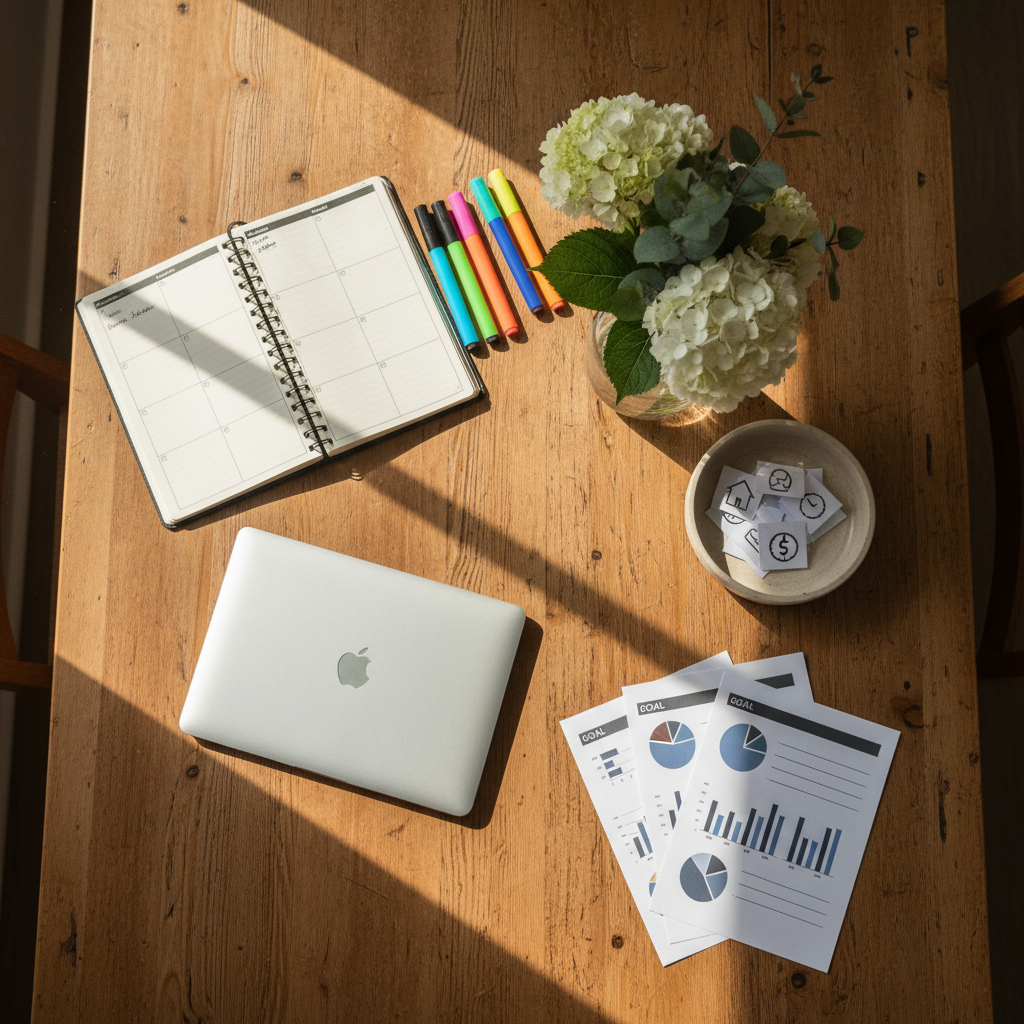 An overhead view of a large wooden dining table used for a weekly planning session, covered with an open spiral-bound planner, colorful but neatly arranged highlighters, a closed laptop, and a small stack of printed goal sheets with only charts and blank lines visible. At the center sits a simple glass vase with fresh white flowers beside a modest ceramic dish containing folded paper slips labeled only with tiny icon-like marks. Morning sunlight streams from the side, creating long, soft shadows and a serene, organized atmosphere. Photographic realism, bird’s-eye composition, balanced but slightly asymmetrical layout that communicates intentionality, productivity, and a faith-filled approach to managing time, finances, and home life together.